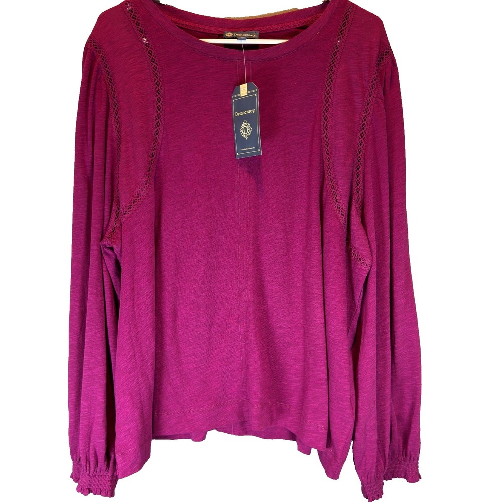NWT Democracy 2X Plum Lace Inset Cotton Modal Knit Pullover Top Bishop Sleeve - Picture 3 of 12